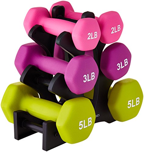 Basics Neoprene Workout Dumbbell Hand Weights, 20 Pounds Total,  Pink/Purple/Green - 3 Pairs (2-Lb, 3-Lb, 5-Lb) & Weight Rack